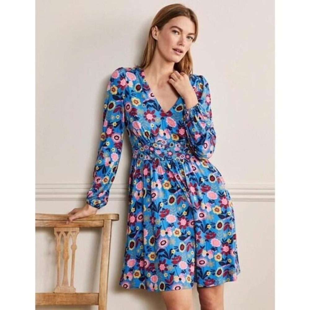 Boden Jersey Mini Tea Dress in Moroccan Blue Floral Print size 8